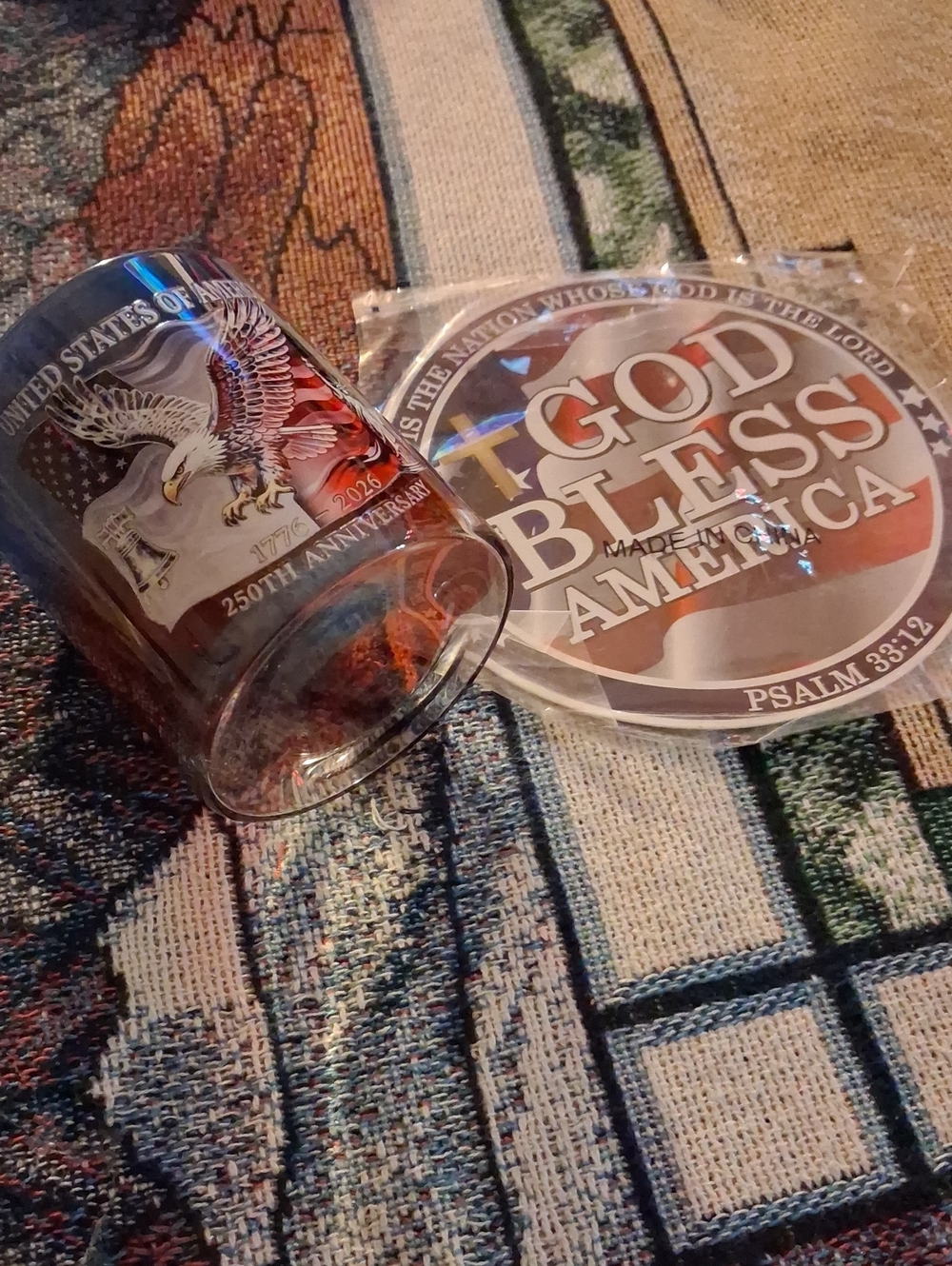 God Bless America Patriotic Eagle Shot Glass and Spirual Magnet Red, Blue, White